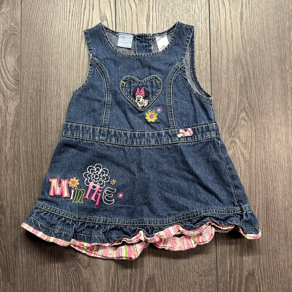 Vintage Disney Minnie Mouse Denim Jumper Dress Blue Ruffle Plaid 24M DF7-417